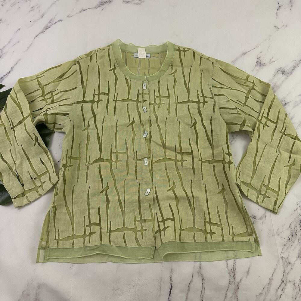 Connie's Moon Light Womens Linen Top Size L Green Sheer Trim Lagenlook